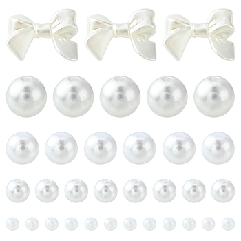 5 Style Imitation Pearl Acrylic Beads, Round & Bowknot, White, 3~24x3~33x3~9.5mm, Hole: 1~2mm