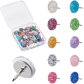 60Pcs Iron Map Pins, Drawing Push Pins, with Drusy Resin, for Photos Wall, Maps, Bulletin Board or Corkboards, Mixed Color, 11mm