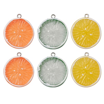 6Pcs 3 Colors Flat Round Resin Fruit Pendants, Orange Charms, with Platinum Tone Iron Loops, Mixed Color, 30x26.5x5.5mm, Hole: 2mm, 2pcs/color