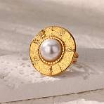 Retro Royal Style 304 Stainless Steel Imitation Pearl Cuff Rings, Flat Round, Inner Diameter: 18mm(FS-WG343E9-03)