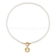 304 Stainless Steel Pendant Necklaces, with Acrylic Imitation Pearl Round Beads and Toggle Clasps, Flat Round whit Angel, White, Golden, 18.11 inch(46cm)(NJEW-SZ0001-18)