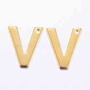 304 Stainless Steel Charms, Letter, Initial Charms, Real 18k Gold Plated, Letter.V, 11x6~12x0.8mm, Hole: 1mm(STAS-P141-V)