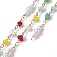 Handmade Plastic & Glass Imitation Pearl & Triangle Beaded Chains, with Rack Plating Golden Brass Findings, Unwelded, with Card Paper, Colorful, 12~13x4.5~6x4.5~6mm, 20~21x5.5x5.5(CHC-C026-30)