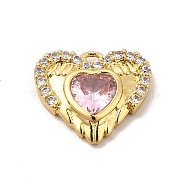 Rack Plating Brass Micro Pave Cubic Zirconia Charms, Cadmium Free & Lead Free, Long-Lasting Plated, Heart with Wing Charm, Real 18K Gold Plated, Pearl Pink, 11x13x2.5mm, Hole: 1mm(KK-P230-19G-02)