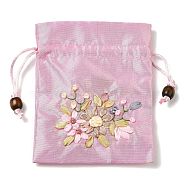 Flower Pattern Satin Jewelry Packing Pouches, Drawstring Gift Bags, Rectangle, Misty Rose, 14x10.5cm(PW-WG90050-08)