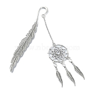 Tibetan Style Alloy Feather Bookmarks, Woven Net/Web Pendant Bookmark with Long Chain, Antique Silver, 11.55cm(AJEW-TA00014)