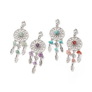 4Pcs 4 Styles Natural & Synthetic Mixed Stone Woven Net/Web with Feather European Dangle Charms, Large Hole Pendant, with Antique Silver Tone Alloy Findings, 80mm, Pendant: 70x26.5x7.5mm, Hole: 4.8mm, 1pc/style(PALLOY-TA00007)