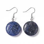 Natural Sodalite Flat Round Dangle Earrings, Platinum Brass Jewelry for Women, 42mm, Pin: 0.7mm(EJEW-D188-03P-04)