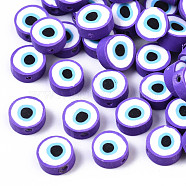 Handmade Polymer Clay Beads, Flat Round with Evil Eye, Dark Violet, 9~10x3.5~4.5mm, Hole: 1.5mm(CLAY-ZX006-07H)