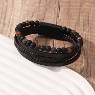 Natural Snowflake Obsidian Beaded Bracelets,  Multi-strand Imitation Leather Cord Bracelets for Men, 7-1/2 inch(19cm)(PW-WG0062D-07)