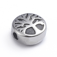 Retro 304 Stainless Steel Beads, Flat Round with Tree of Life, Antique Silver, 10x5.5mm, Hole: 2mm(STAS-L243-047AS)