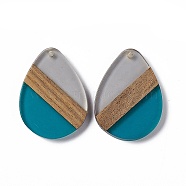 Transparent Resin & Walnut Wood Pendants, Water Drop Charms, Teal, 35.5x26x3.5mm, Hole: 2mm(RESI-M027-04C)