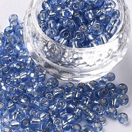 6/0 Glass Seed Beads, Silver Lined Round Hole, Round, Royal Blue, 4mm, Hole: 1.5mm, about 6639 pcs/pound(SEED-A005-4mm-26)