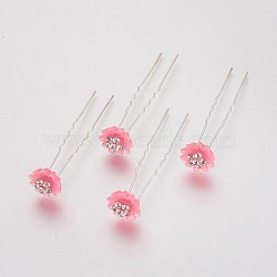 (Defective Closeout Sale), Lady's Hair Forks, with Silver Color Plated Iron Findings, Rhinestone and Resin, Flower, Crystal, Light Coral, 75mm(PHAR-XCP0001-K06)