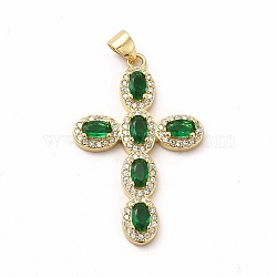 Rack Plating Brass Cubic Zirconia Pendants, Cadmium Free & Lead Free, Real 18K Gold Plated, Long-Lasting Plated, Religion Cross Charm, Green, 33.5x22x3.5mm, Hole: 3.5x4.5mm(KK-G456-25G-04)