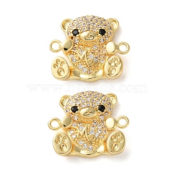 Rack Plating Brass Clear & Black Cubic Zirconia Bear Connector Charms, Long-Lasting Plated, Lead Free & Cadmium Free, Real 18K Gold Plated, 18x16x4.5mm, Hole: 1.5mm(KK-C084-15A-G)