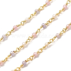 Handmade Brass Link Chain, with Glass Beads, Soldered, with Spool, Real 18K Gold Plated, 8~8.5x2mm, about 16.40 Feet(5m)/Roll(CHC-E028-12G)