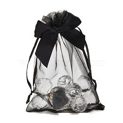 Rectangle Lace Organza Drawstring Gift Bags, with Bowknot, for Wedding Party Storage Bags, Black, 15x10x0.05cm(OP-K002-01)