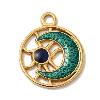 304 Stainless Steel Enamel Pendants, Golden, Flat Round with Moon Sun Charm, Light Sea Green, 24.5x20x2.3mm, Hole: 2.5mm