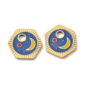 304 Stainless Steel Charms, with Enamel, Hexagon with Moon Pattern Charms, Real 14K Gold Plated, 11x10x1mm, Hole: 2mm
