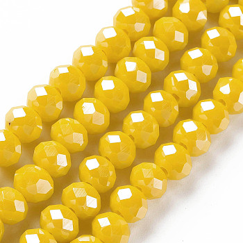 Electroplate Glass Beads Strands, Pearl Luster Plated, Faceted, Rondelle, Yellow, 8x6mm, Hole: 1~1.4mm, about 64~65pcs/strand, 40~41cm