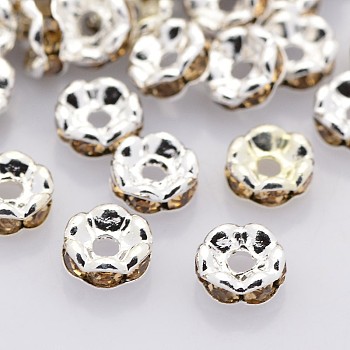 Brass Rhinestone Spacer Beads, Grade AAA, Wavy Edge, Nickel Free, Silver Metal Color, Rondelle, Light Colorado Topaz, 6x3mm, Hole: 1mm