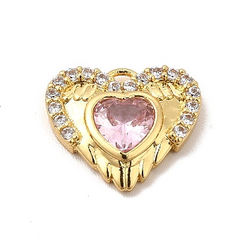 Rack Plating Brass Micro Pave Cubic Zirconia Charms, Cadmium Free & Lead Free, Long-Lasting Plated, Heart with Wing Charm, Real 18K Gold Plated, Pearl Pink, 11x13x2.5mm, Hole: 1mm