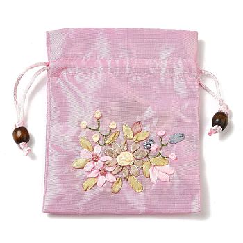 Flower Pattern Satin Jewelry Packing Pouches, Drawstring Gift Bags, Rectangle, Misty Rose, 14x10.5cm