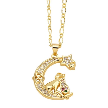 Brass Micro Pave Cubic Zirconia Pendant Necklaces for Women, Moon, 17.72 inch(45cm), Pendant: 28x19mm
