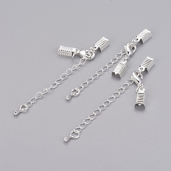 Brass Chain Extender, with Clasp & Clip Ends Set, Lobster Claw Clasp and Cord Crimp, Nickel Free, Silver Color Plated, Chain: 50x3.5mm, Hole: 1.5mm, Clasp: 12x7.5x3mm, Cord Crimp: 13x5mm