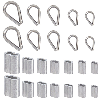 Nbeads 304 Stainless Steel Wire Rope Thimbles and Aluminum Crimping Loop Sleeves, Platinum, 18.1x11x3.9mm, 280pcs/box