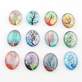 Tree Pattern Glass Oval Flatback Cabochons for DIY Projects, Mixed Color, 25x18x5mm