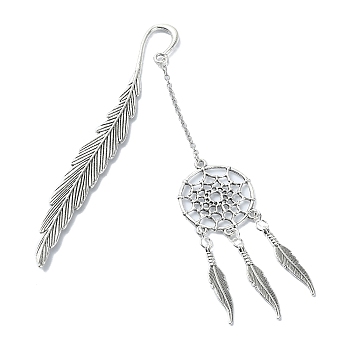 Tibetan Style Alloy Feather Bookmarks, Woven Net/Web Pendant Bookmark with Long Chain, Antique Silver, 11.55cm