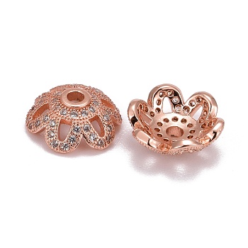Eco-Friendly 6-Petal Flower Brass Micro Pave Cubic Zirconia Bead Caps, Lead Free & Nickel Free, Rose Gold, 11x4mm, Hole: 2mm