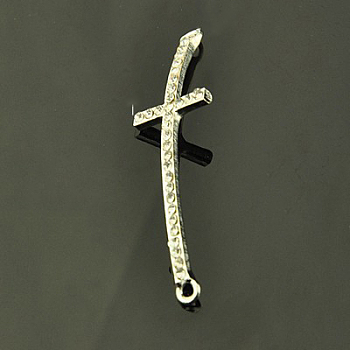 Alloy Rhinestone Curve Sideways Cross Links connectors, Grade A, Crystal, Silver Color Plated, 54~55.48x15.14x3mm, Hole: 2mm