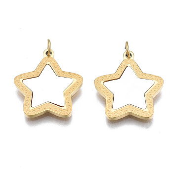 316 Surgical Stainless Steel Pendants, with Shell and Jump Rings, Star, Real 14K Gold Plated, 16x15x1.5mm, Jump Ring: 3.8x0.6mm, 2.6mm inner diameter