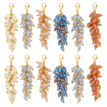 12Pcs 6 Colors Electroplate Glass Cluster Beads Pendant Decorations, with 304 Stainless Steel Lobster Claw Clasps, Wheat Ear Shaped, Mixed Color, 60mm, 2pcs/color