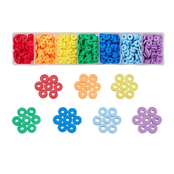 700Pcs 7 Colors Eco-Friendly Handmade Polymer Clay Beads, Disc/Flat Round, Mixed Color, 6x1mm, Hole: 2mm, about 100pcs/color