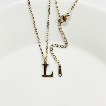 304 Stainless Steel Letter Pendant Necklaces, Lead Free & Nickel Free & Cadmium Free, Letter L, 17.52 inch(44.5cm)~17.72 inch(45cm), Letter: 12.5x9mm