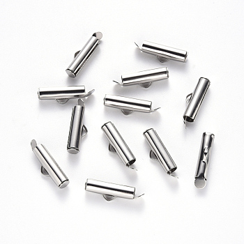 304 Stainless Steel Slide On End Clasp Tubes, Slider End Caps, Stainless Steel Color, 6x20x4mm, Hole: 3x1.5mm, Inner Diameter: 3mm