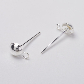 Iron Post Ear Studs, with Loop, Half Ball, Lead Free & Nickel Free, Silver Color Plated, 13mm, Hole: 1mm