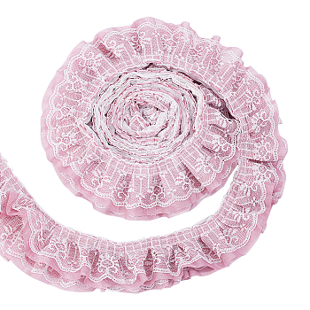 Polyester Pleated Lace Trim, Ruffled Lace Ribbon for Garment Accessories, Flamingo, 3-5/8 inch(92mm), 2.5 yards/strand