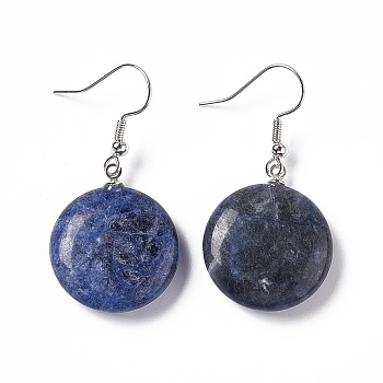 Natural Sodalite Flat Round Dangle Earrings, Platinum Brass Jewelry for Women, 42mm, Pin: 0.7mm