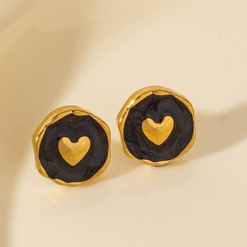 304 Stainless Steel Round Stud Earrings, with Enamel. Jewely for Women, Round with Heart, Golden, 13x12.5mm