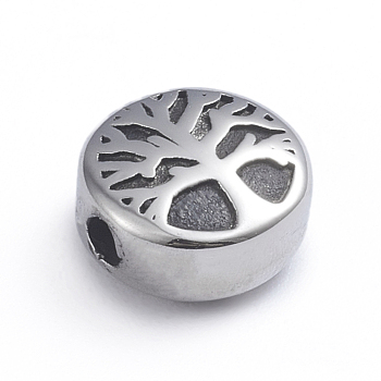 Retro 304 Stainless Steel Beads, Flat Round with Tree of Life, Antique Silver, 10x5.5mm, Hole: 2mm