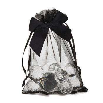 Rectangle Lace Organza Drawstring Gift Bags, with Bowknot, for Wedding Party Storage Bags, Black, 15x10x0.05cm