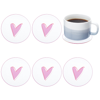 6Pcs Transparent Acrylic Cup Mats, Heart Pattern Coaster, Flat Round, Heart Pattern, 95x2mm