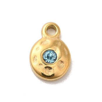 304 Stainless Steel Glass Pendants, Flat Round, Real 14K Gold Plated, Light Blue, 9x6x2.5mm, Hole: 1.8mm