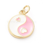 Brass Enamel Pendants, Cadmium Free & Lead Free, Long-Lasting Plated, Real 18K Gold Plated, Flat Round with Heart, Pink, 14x11.5x2mm, Hole: 3mm(KK-P200-11C-G)