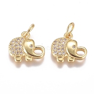 Brass Micro Pave Cubic Zirconia Pendants, with Jump Ring, Long-Lasting Plated, Elephant, Golden, 10x11x2mm, Hole: 3.8mm(ZIRC-G168-40G)
